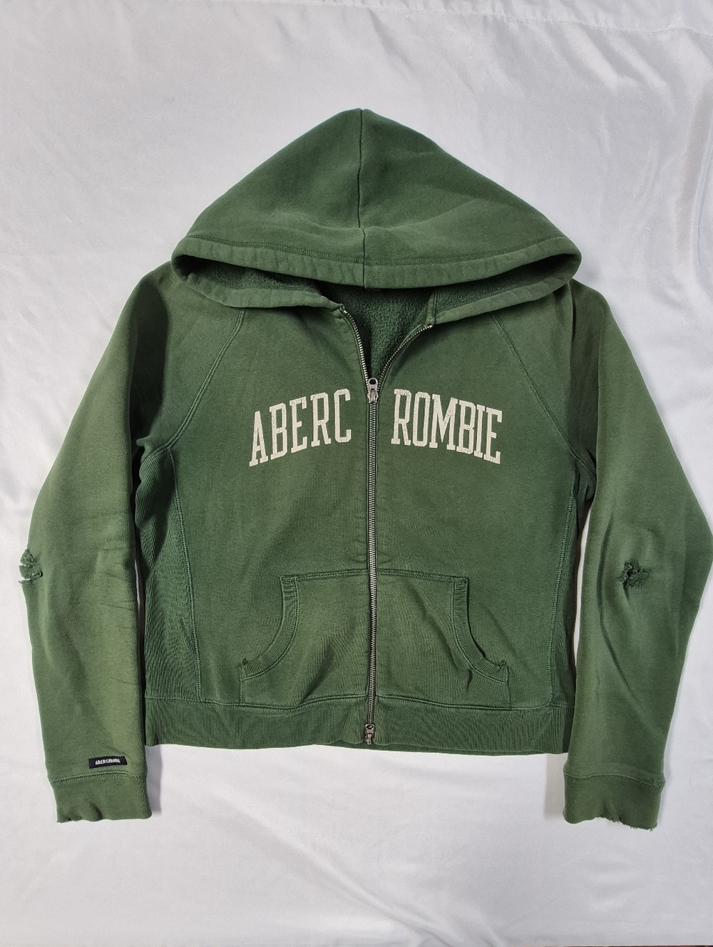 Vintage Y2K Abercrombie Fitch Women’s Large Distressed Green Zip Up Hoodie